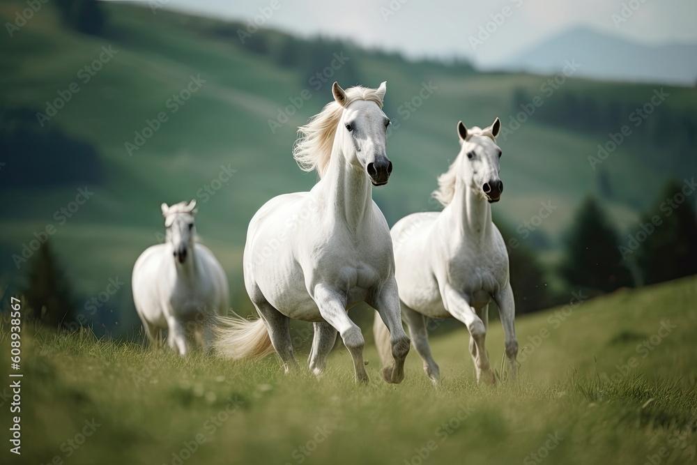 horses running on green meadow with nice landscape horses running on green meadow with nice landscape