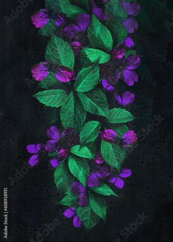 Purple flowers and green leafes on dark background decay in shadows behind wet, condesated glas while water drops flowing down slightly changed (ID: 608938951)
