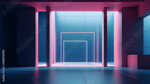 Abstract blue pink neon studio background for product presentation. Empty room with shadows of window. Display product with blurred backdrop
