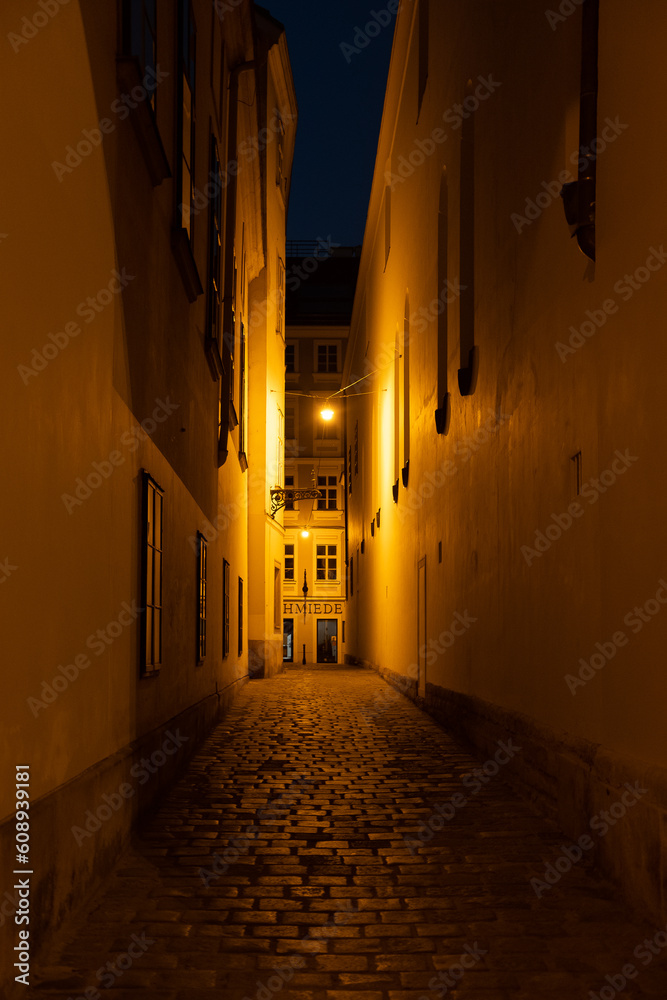 narrow street in the town at night near Vienna, Austria