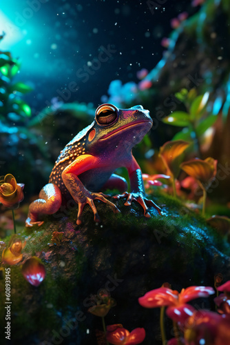 Frog in fantasy forest. 3D illustration digital art design, generative AI