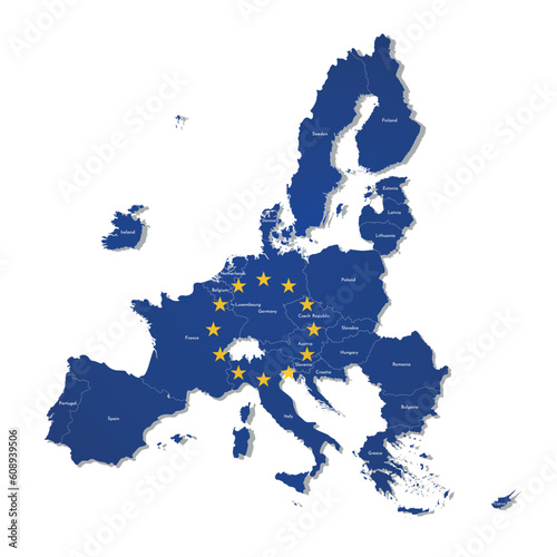 Vector illustration with isolated map of European Union and flag. Concept has state borders of countries - members of EU