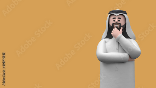 3D illustration of  a thinking Arab man Hadi  pondering making decision. Portraits of cartoon characters solving problems, feeling concerned puzzled lost in thoughts. Searching and finding a solution  photo