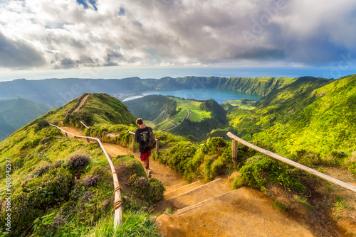 View of Sete Cidades near Miradouro da Grota do Inferno viewpoint, Sao Miguel Island, Azores, Portugal.  photo