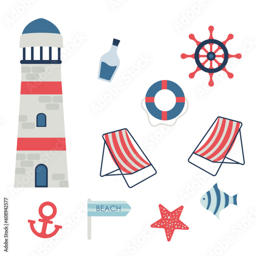 Set of sea and ocean attributes for recreation and adventure. Flat vector illustration