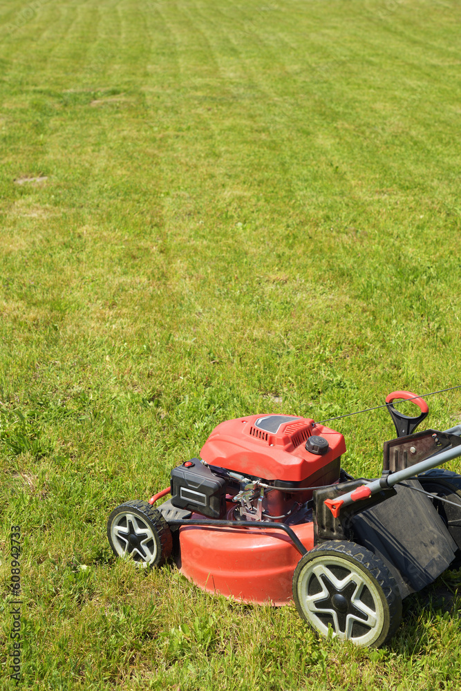 Obraz premium Lawn mower on cut grass. Mowing the grass.