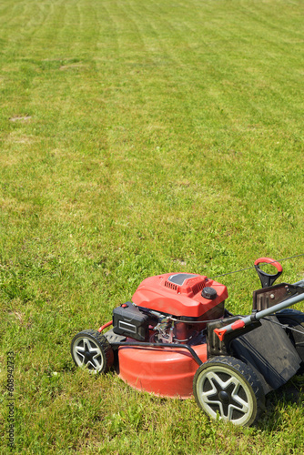 Lawn mower on cut grass. Mowing the grass.