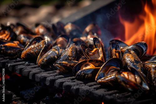 Canvastavla Mussels grilled on a barbecue on a dark background