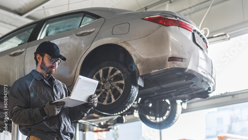 Mechanic with a laptop standing by a car on a lift. High quality photo