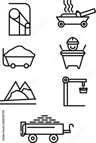 coal worker equipment, outline clip art icon set, vector image