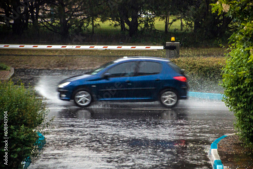 Splashes from puddles from a blue car passing between the bushes 