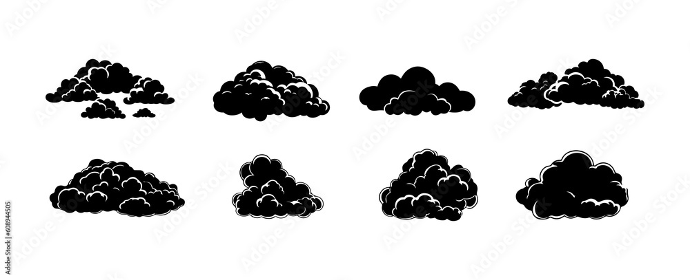 Set of clouds silhouette isolated on white background. Graphic weather sky cloud collection. Vector illustration