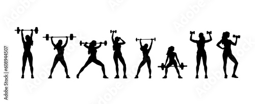 Set of woman workout fitness silhouette isolated on white background. Sport slim women training collection. Vector illustration