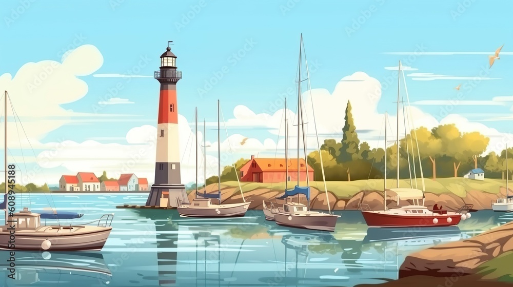Background quiet harbor. A banner design highlighting an abstract background and a skillfully illustrated depiction of a calm and quiet harbor. Generative AI.
