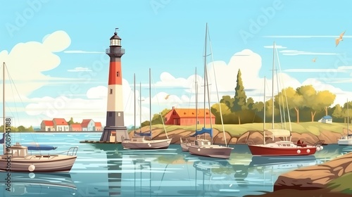 Background quiet harbor. A banner design highlighting an abstract background and a skillfully illustrated depiction of a calm and quiet harbor. Generative AI.