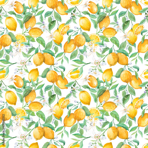 Watercolor lemon seamless pattern. Ripe citruses on branches, foliage and flowers on a white background. Tropical summer design for fabric, wallpaper, packaging, menu.