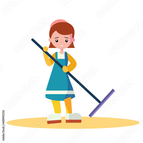 Cleaning girl holding a floor cleaning wiper maid flat style vector image