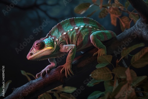 chameleon on a tree branch. a species of lizard. generative ai 