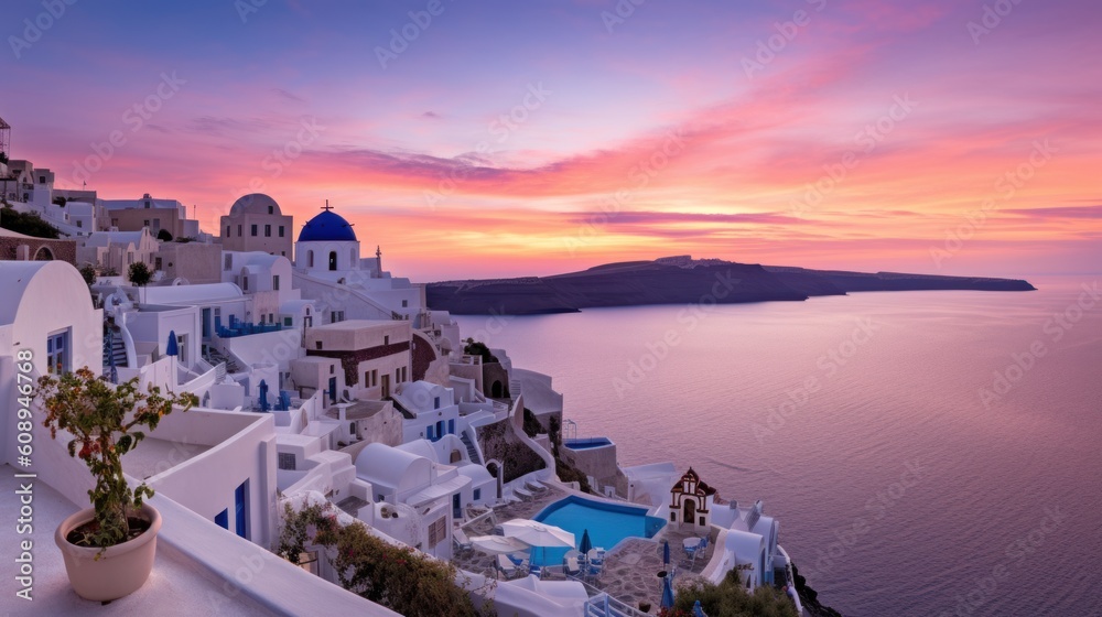 Fototapeta premium Santorini Oia sunset panoramic view with blue dome churches and white houses, luxury Caldera resort with swimming pools, iconic Greek island travel photography.
