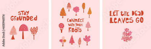 Set of 3 cards of trees and lettering about reconnecting with the roots and inner peace. Handdrawn trees.