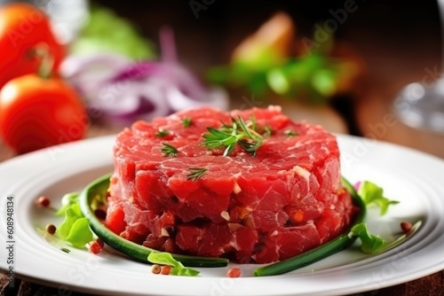 Beef steak tartare with greenery and vegetables. AI Generated photo