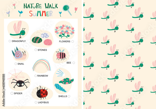 Card Search for Forest Items and Animals for Children and  Cute kids pattern with dragonfly and flowers. Seasons.