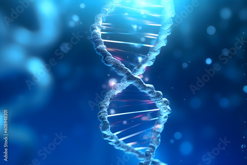 DNA helix floating in liquid wiht glowing light particle, dna strand, chromosome, biotechnology, science research, laboratory concept 3D microscopic illustration. Generative AI