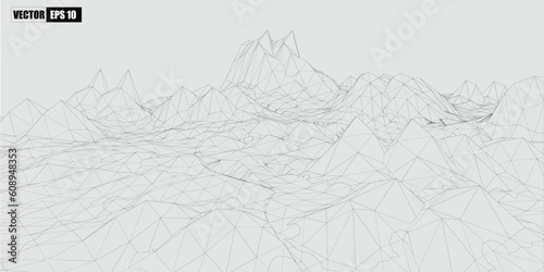 3d Wireframe of  mountains   polygonal  landscape.Vector Illustration
