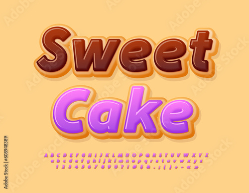 Vector bright Emblem Sweet Cafe.   Lilac glazed Font. Tasty Donut Alphabet Letters and Numbers