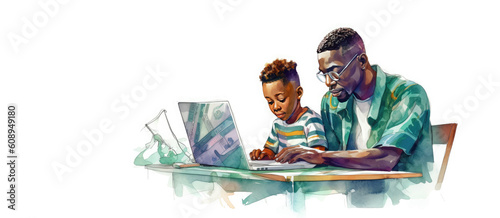 African american father and son playing together over a desk, illustration, animation style, watercolor