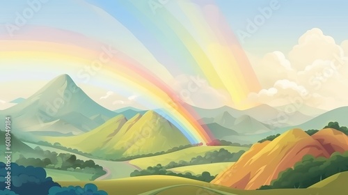 Abstract background view of the valley. The colorful charm of a valley view with a rainbow through a captivating illustration in a banner design. Generative AI.