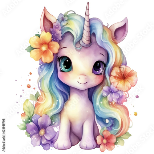 Cute unicorn with flowers and butterflies isolated on a white background Watercolor illustration, AI Generative