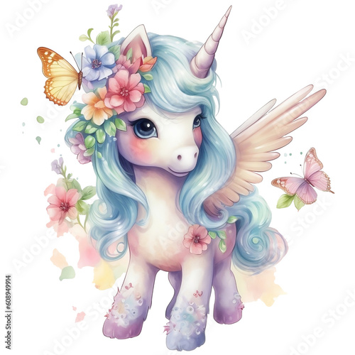 Cute unicorn with flowers and butterflies isolated on a white background Watercolor illustration, AI Generative