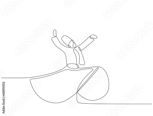 Continuous one line drawing of sufi dancer vector illustration. Traditional Sema dancing minimalist design. One hand drawn Islamic traditional whirling dervish.