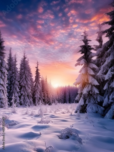 A beautiful winter landscape with snow covered fir tress during sunset time and reflecting light in the snow