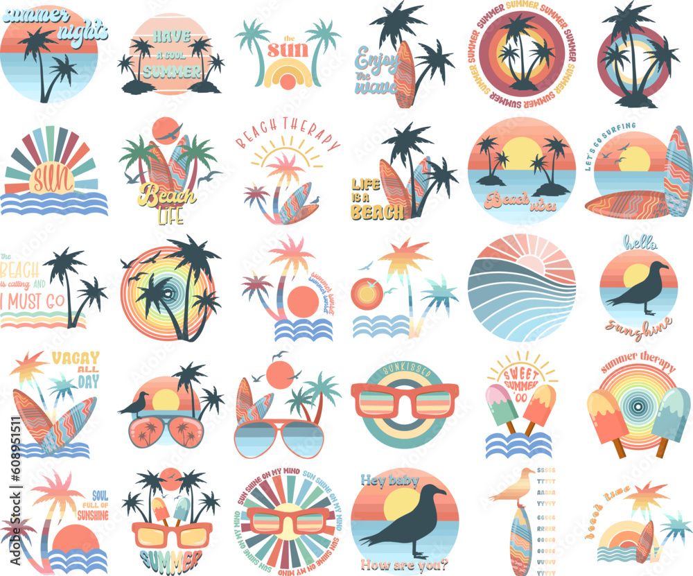 Summer holidays illustrations set; retro summer vacation, surfing, beach, sunset, ocean waves, palm trees elements and symbols, vector icons set