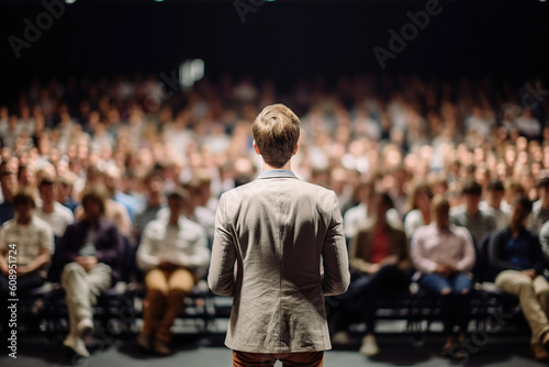 A man in a beige business suit is giving a speech on stage during a seminar. A lot of people in the blurred background. Shot from his back.