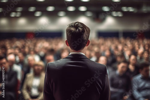 A man in a business suit is giving a speech on stage during a seminar. A lot of people in the blurred background. Shot from his back.