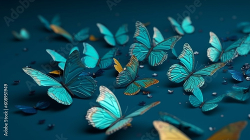 Blue butterflies on a blue background.generative ai