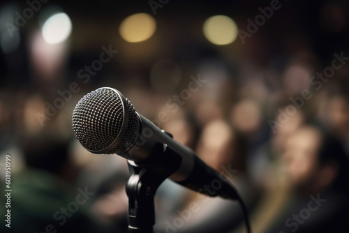 Close-up image of a microphone with the crowd in the seats in the blurry background at the business conference.