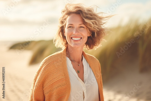 Portrait in the beach of a pleased 40 years old woman. Generative AI. 