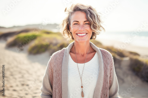 Portrait in the beach of a pleased 40 years old woman. Generative AI. 