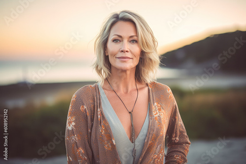 Portrait in the beach of a pleased 40 years old woman. Generative AI. 