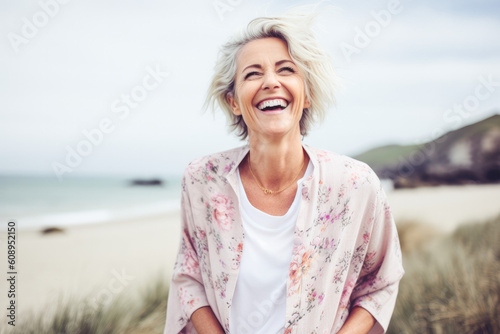 Portrait in the beach of a pleased 40 years old woman. Generative AI. 