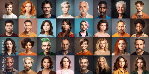 Diverse group of fictitious people of different ethnicity age and gender. Generative AI. © Axel Bueckert