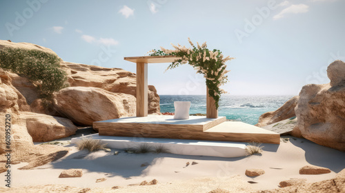 Summer beach landscape,stream, sand and sea with clear sky.Use for product presentation and banner.Generative AI