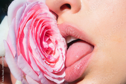 Foreplay blowjob. Sexy girl sucking and licking flower. Blowjob fellation concept. Oral sex. Girl blowjob. Blow job oral sex simulation. Blowjob and sensual oral lick. Sexy female mouth and flower.