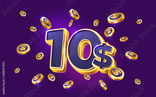 10 dollar coupon gift voucher, cash back banner special offer, casino winner. Vector illustration
