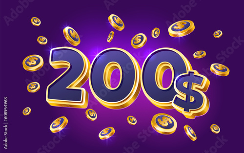 200 dollar coupon gift voucher, cash back banner special offer, casino winner. Vector illustration photo