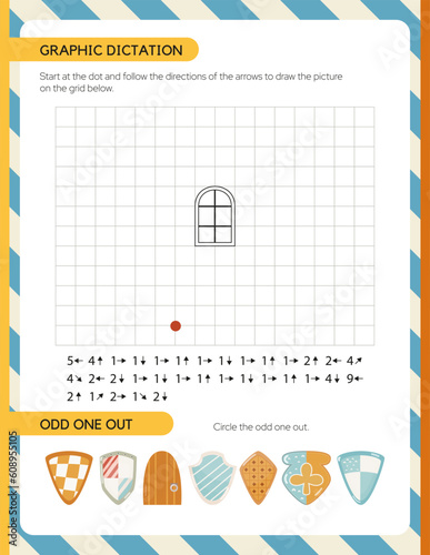 Activity page for kids – graphic dictation, odd one out. Game set worksheet with knight theme - shields, castle. Vector illustration.